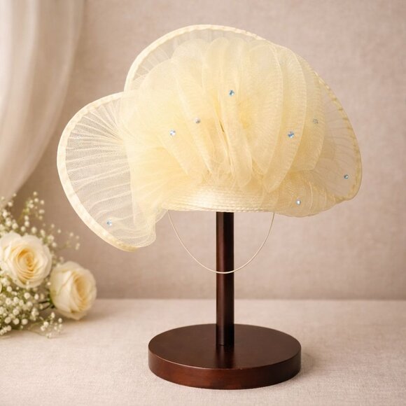 Cream Fascinator Pillbox Hat Organza VTG Church Tea Party Wedding Guest Derby main image 8